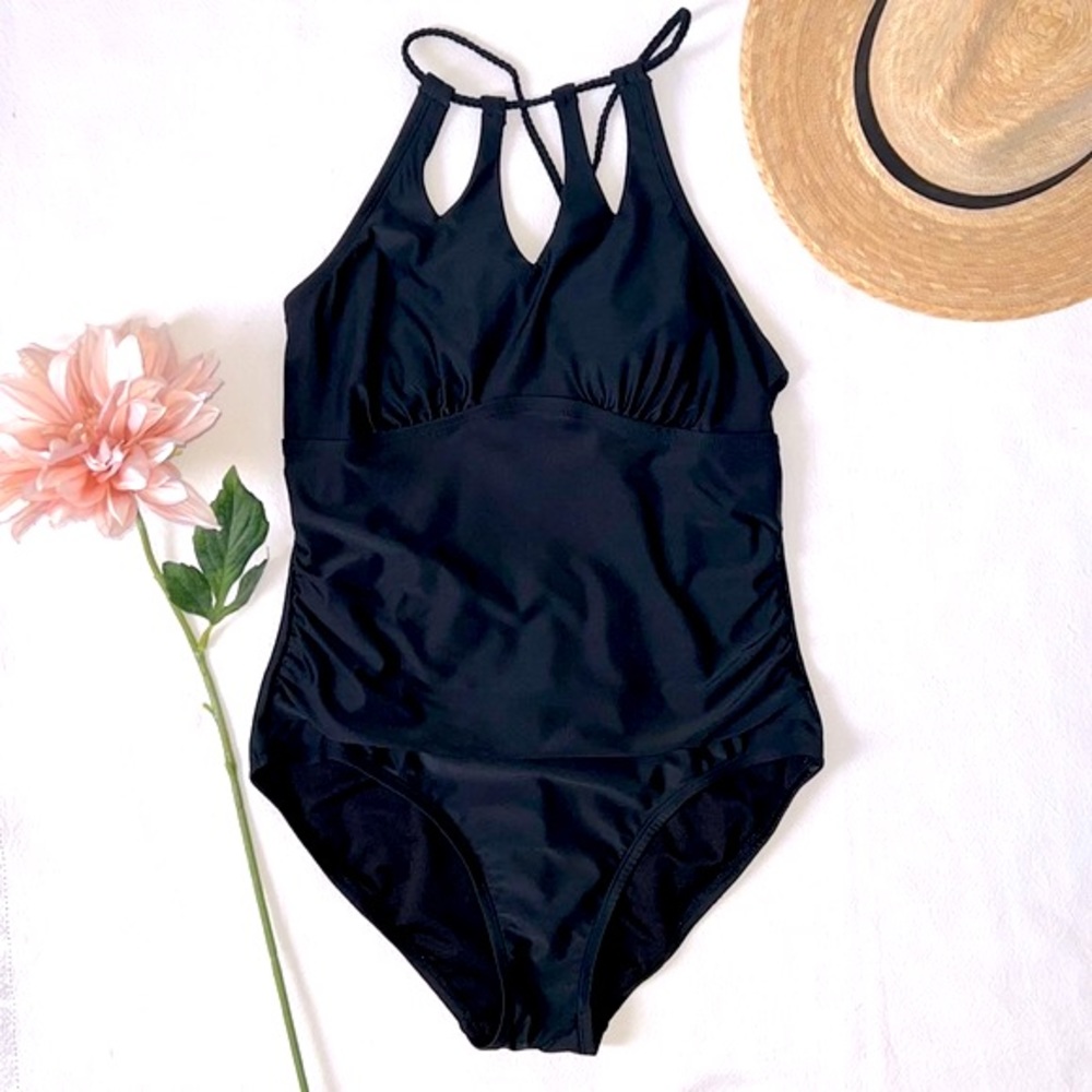 Merona Black One Piece Swimsuit High Neck Large